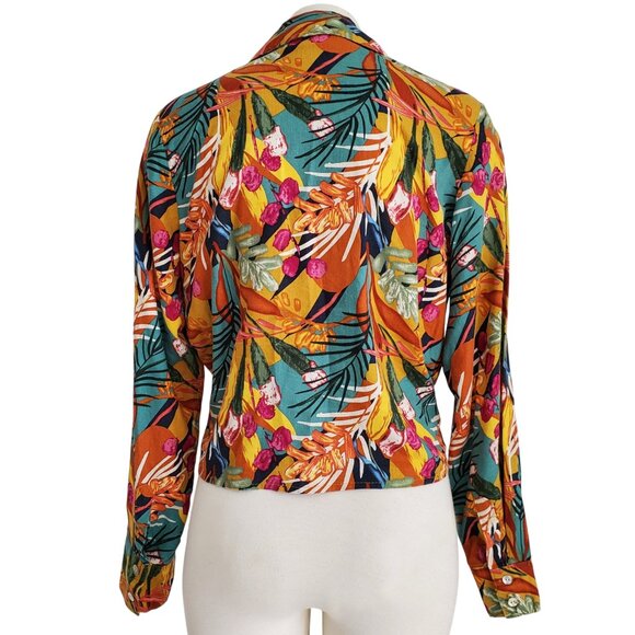 Panama Jack Tropical Print Linen Blend Long Sleeve Tie Front Button Down Shirt M - Picture 2 of 14
